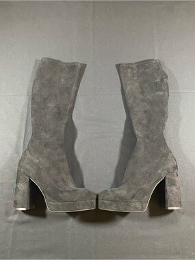 Tall Black Suede Platform Block Heel Boots